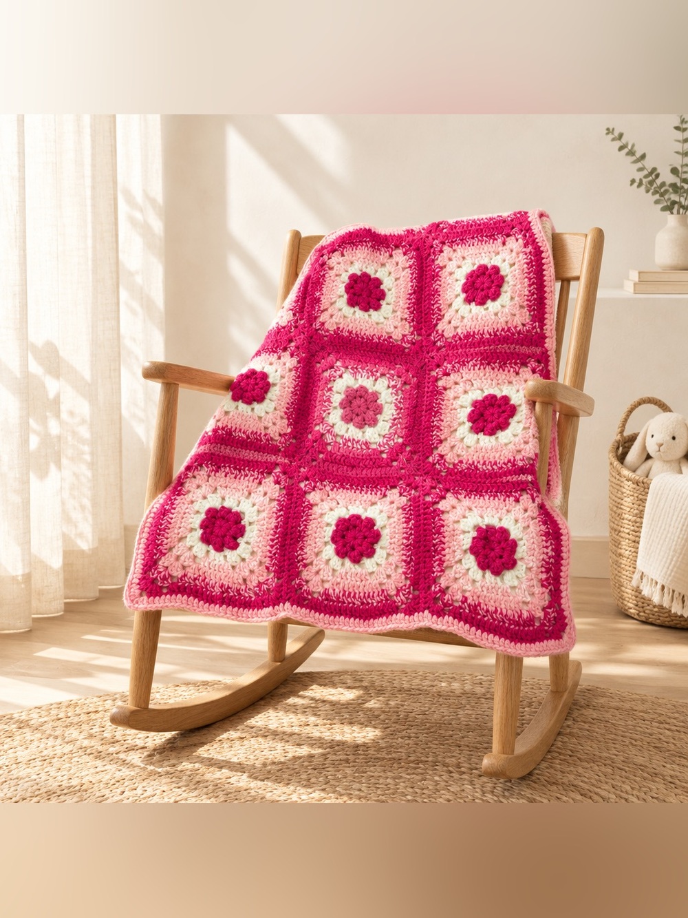 Handmade Crochet Square Pink Afghan Throw Blanket